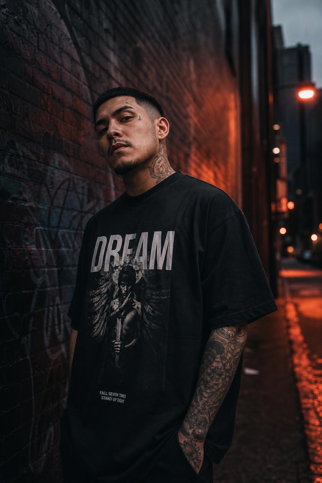 Model in oversized black RAWL tee leaning on a graffiti wall in a neon-lit alley